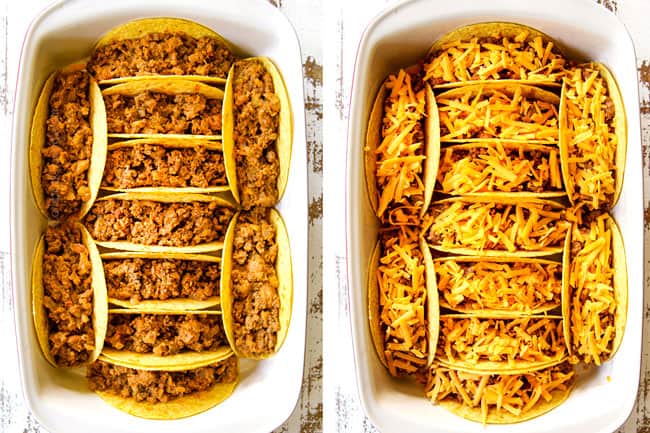 showing how to make ground beef tacos by adding ground beef taco filling and cheese to taco shells