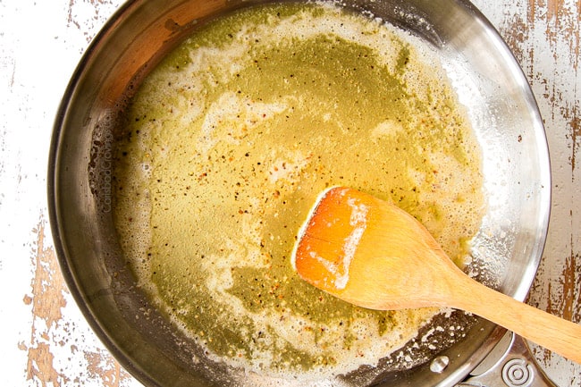 showing how to make Cacio e Pepe by toasting freshly cracked pepper in butter in a stainless steel skillet in order to bloom the pepper