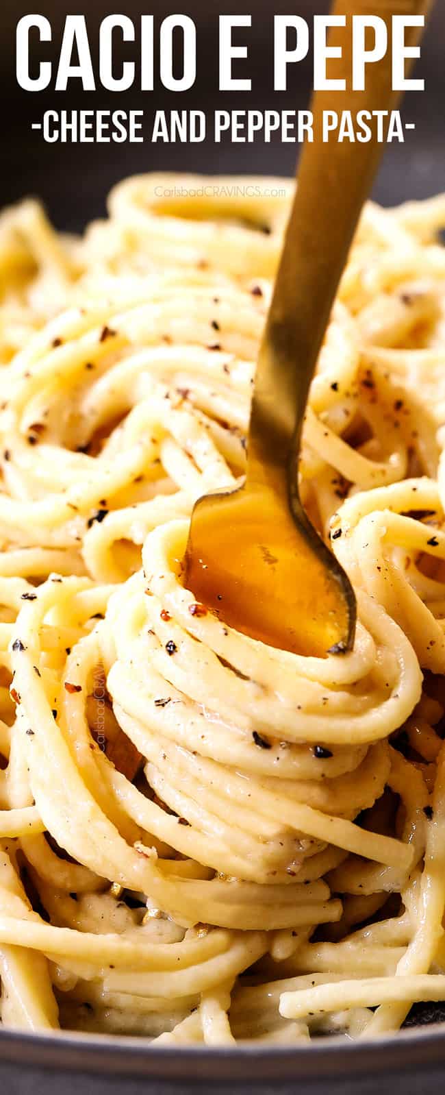 up close of fork twirling spaghetti cacio e peppe