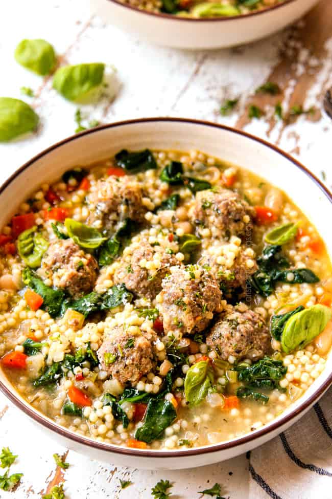 side view of authentic Italian Meatball Soup recipe with meatballs and acini de pepe