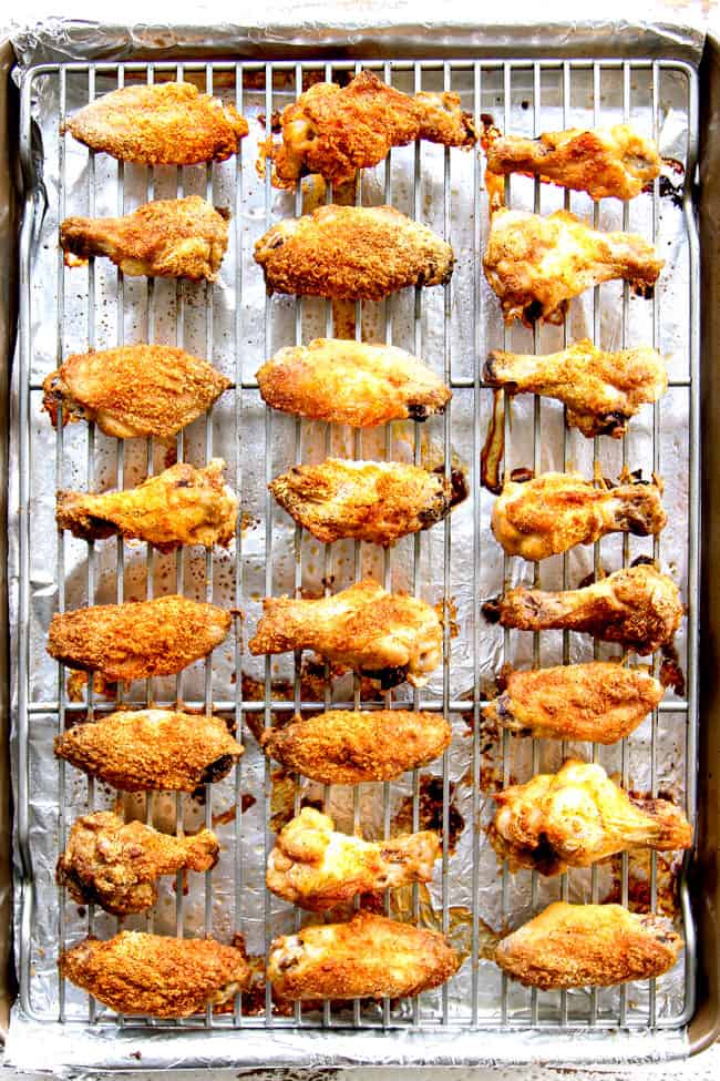 showing how to make baked Korean Chicken Wings by baking on a baking rack on a baking sheet until crispy