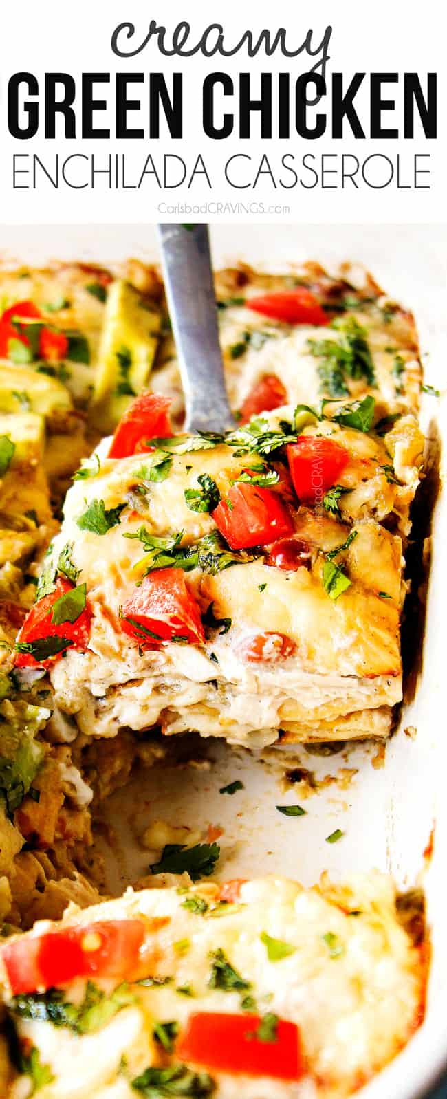 up close of serving chicken enchilada casserole recipe with a slice on a silver spatula