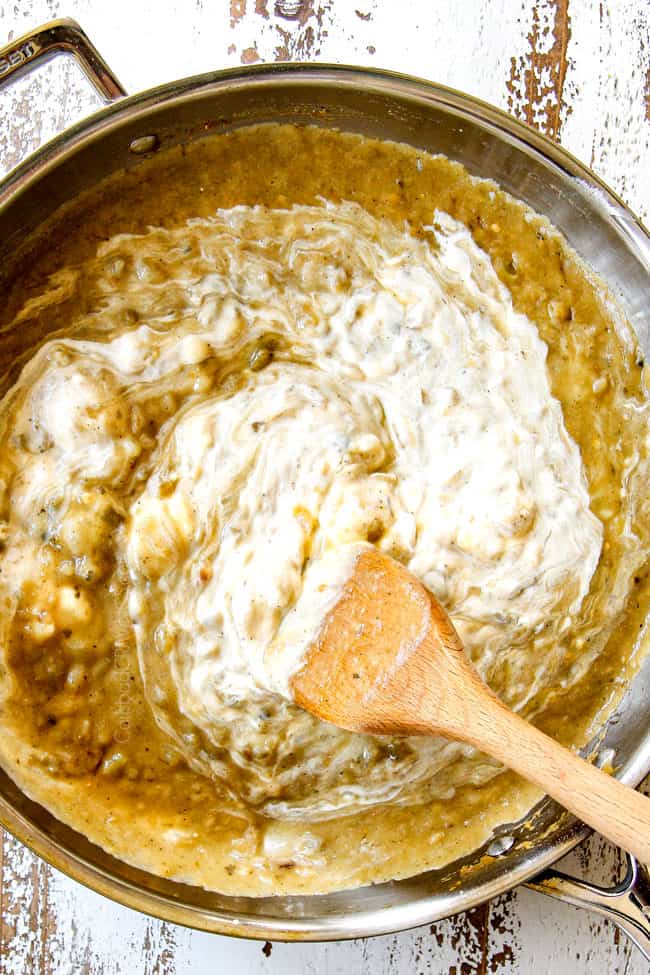 showing how to make easy enchilada casserole by adding sour cream to salsa verde green chili sauce