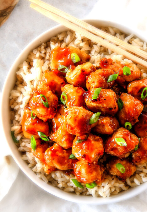 top view of a bowl of homemade orange chicken recipe