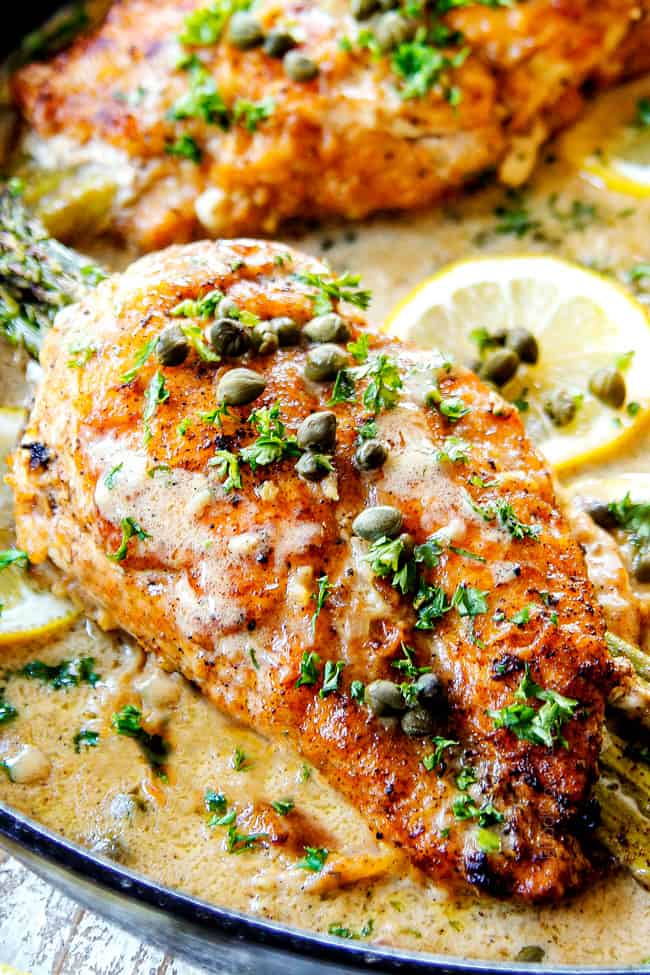 up close of a Chicken Piccata chicken breast with sauce on top