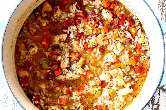 showing how to make chicken and rice by simmering until the rice is tender and most of the broth is absorbed