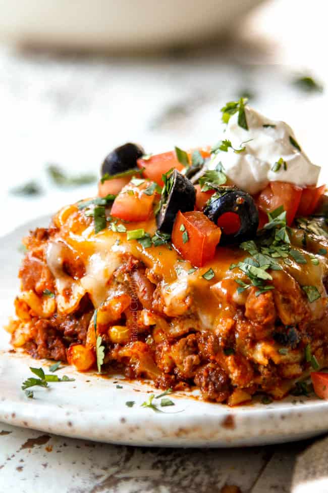 up close of a slice of Mexican Lasagna showing the different layers