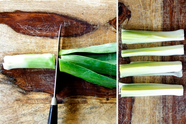 showing how to make potato leek soup by chopping bottoms off of leeks and separate dark green tops and white bottoms