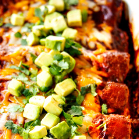 showing how to top best chicken enchilada recipe by adding chopped avocados and cilantro