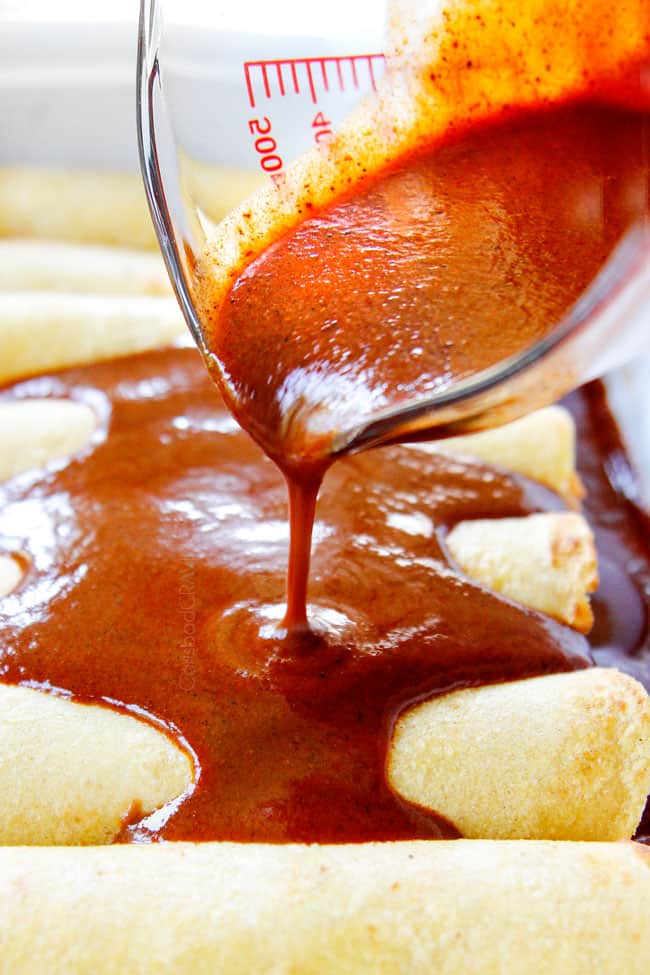 showing how to use red enchilada sauce recipe by pouring over enchiladas