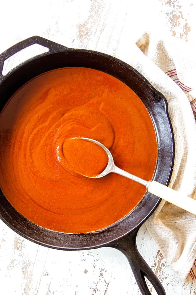 showing how to make enchilada sauce by thinning with additional chicken broth