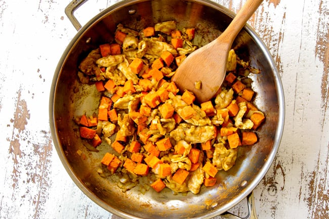 showing how to make green curry recipe by blooming green curry paste in oil along with chicken