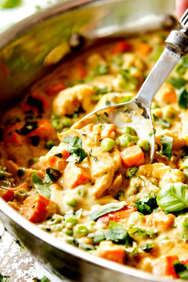 side view of a spoon serving green curry recipe