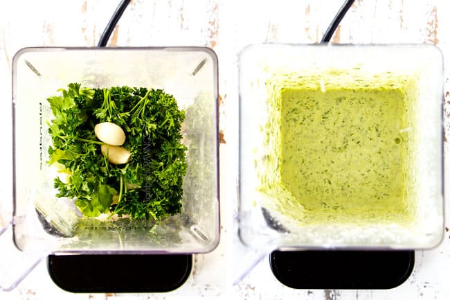 a collage showing to make chicken shawarma recipe by adding lemon garlic yogurt sauce ingredients (cilantro, parsley, garlic Greek yogurt) to a blender and blending until smooth