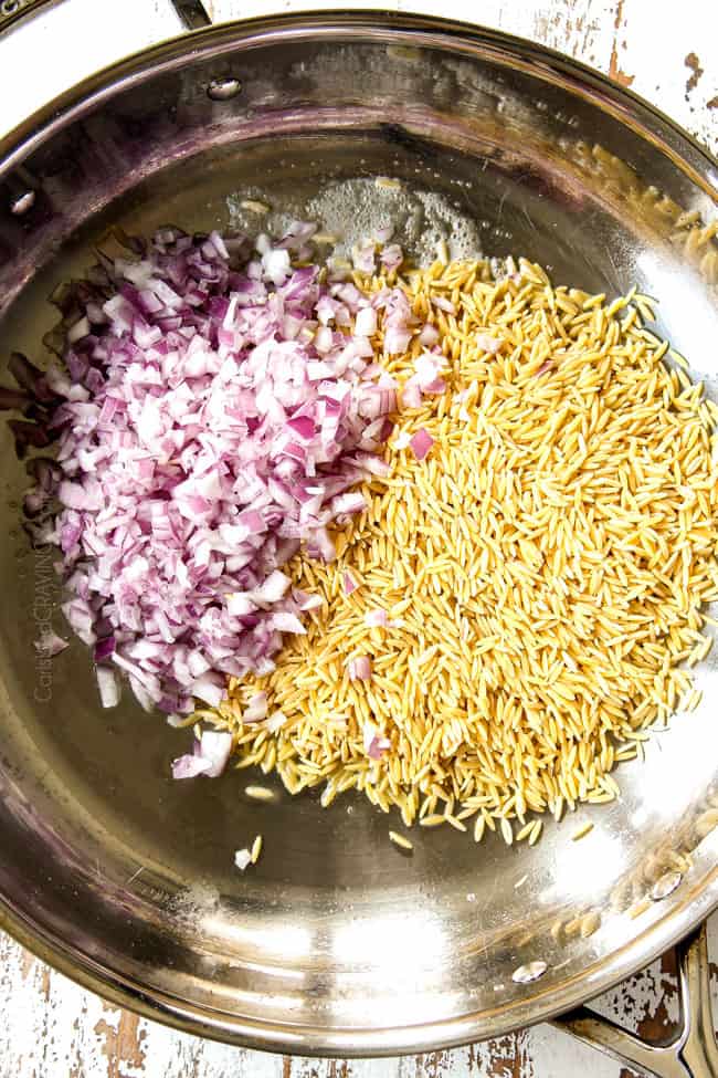 showing how to make Lemon Garlic Shrimp by sauteing red onions in a skillet