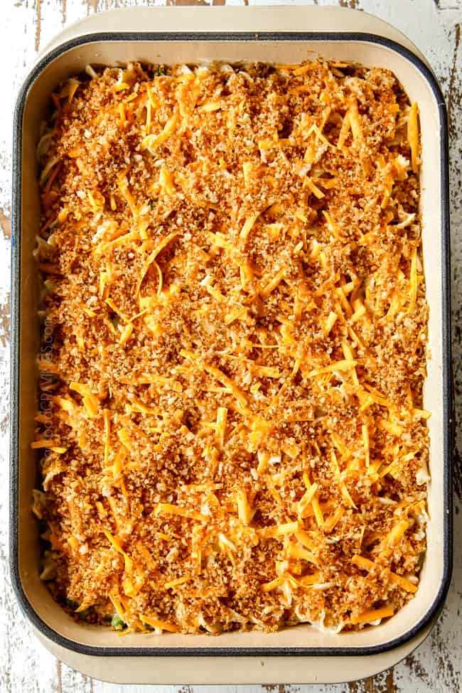 showing how to make Tuna Noodle Casserole by topping with crispy panko topping
