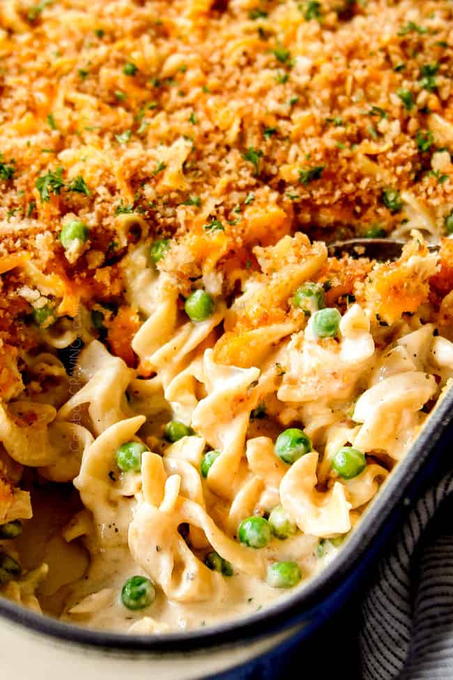 up close of Tuna Casserole in the pan to show how creamy it is