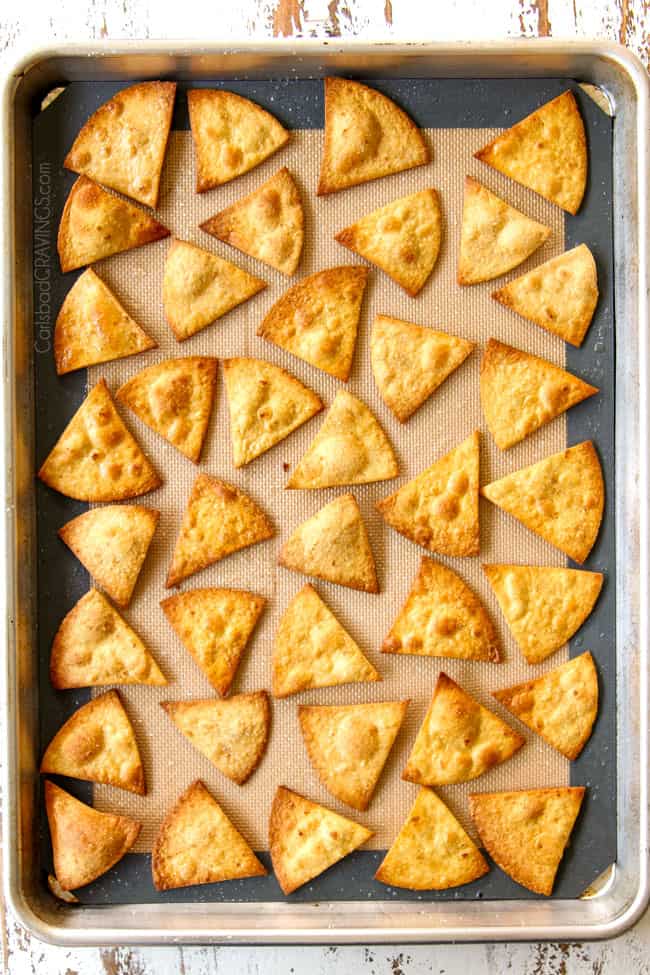 showing how to make Chilaquiles by baking tortilla chips until crispy