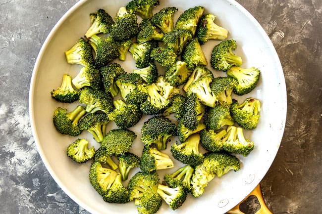 showing how to make Chinese Chicken and Broccoli by stir frying broccoli in a skillet