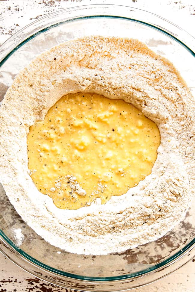 showing how to make chicken and dumplings recipe by adding buttermilk and melted butter to flour