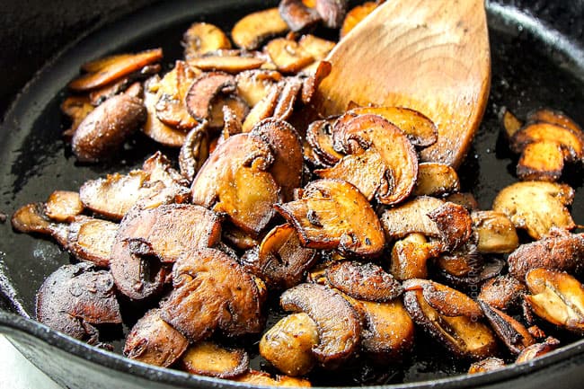 showing how to make best ground beef stroganoff by browning mushrooms in a cast iron skillet