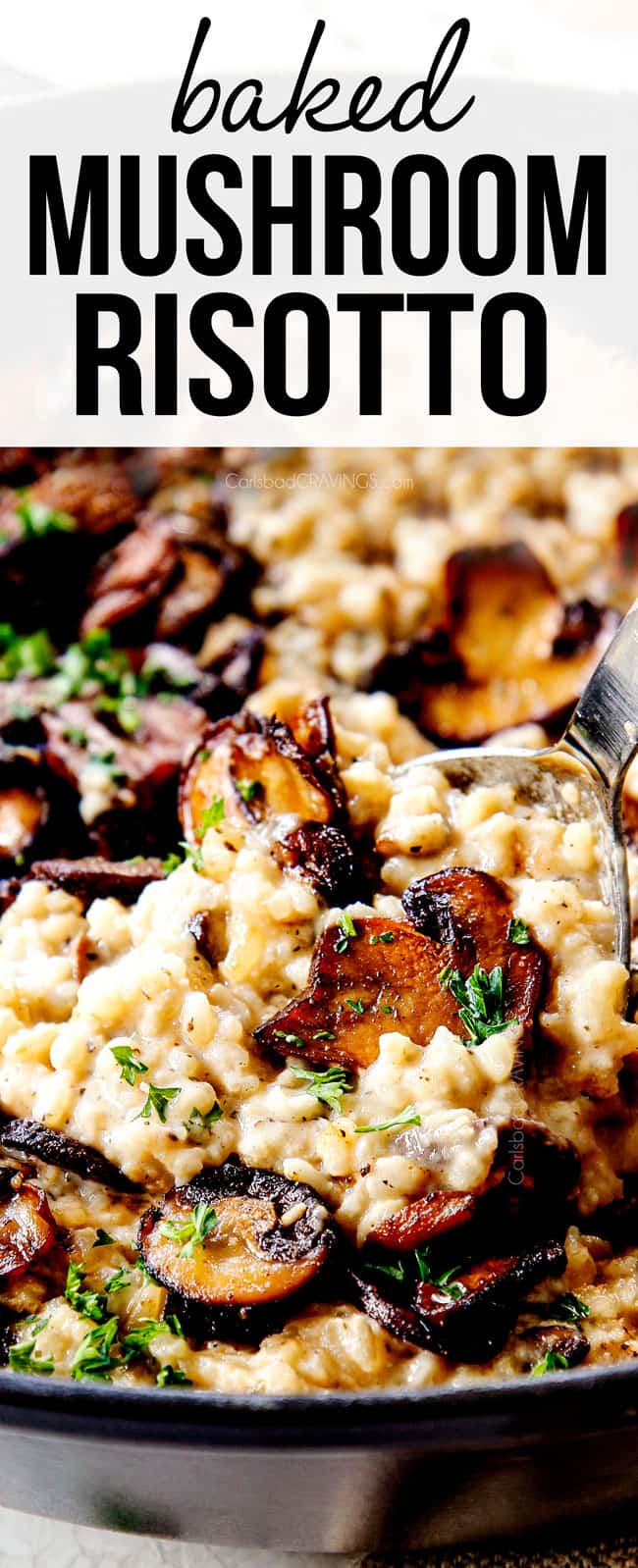 up close scooping mushroom risotto to show how creamy it is