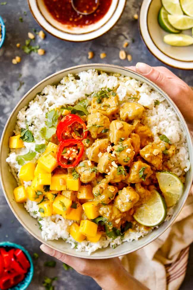 top view of a bowl of Thai Peanut Chicken showing how to garnish with crushed peanuts and cilantro