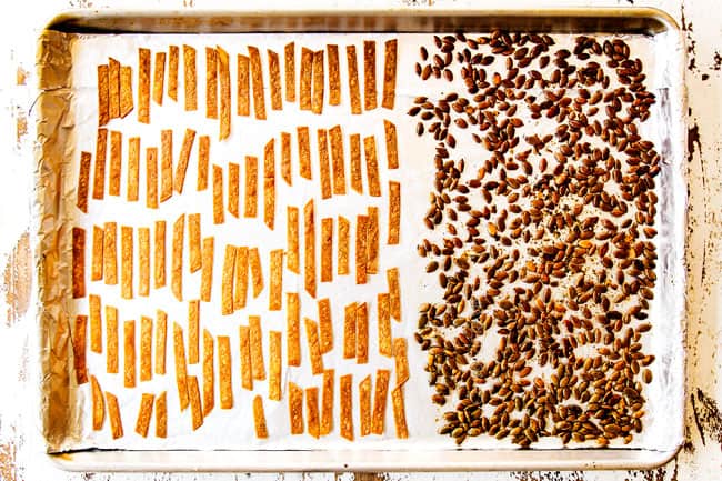 showing how to make Mexican Salad by roasting tortilla strips and pepitas on a baking sheet