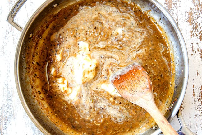 showing how to make mushroom pasta by stirring in mascarpone and Parmesan until melted