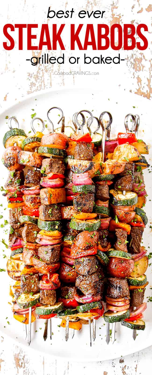 top view of steak kabobs with bell peppers, onions and zucchini