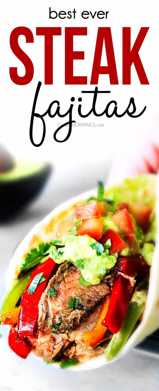 showing how to serve steak fajitas by adding guacamole and pico de gallo then wrapping up and holding with a hand