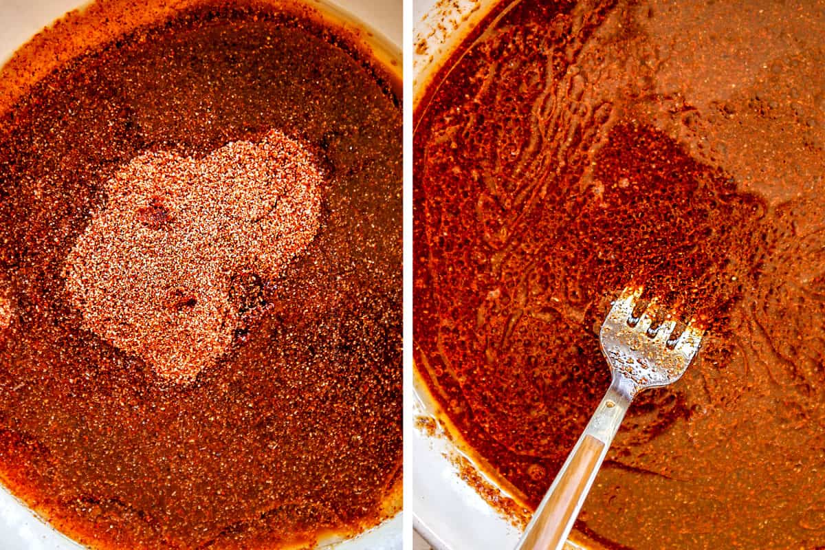 showing how to make carne asada tacos by adding olive oil to spices to create a wet rub