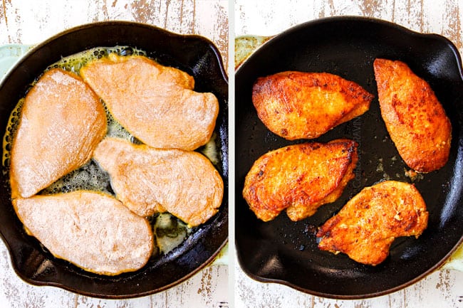 a collage showing how to make coconut milk chicken by placing chicken in a cast iron skillet and cooking until golden