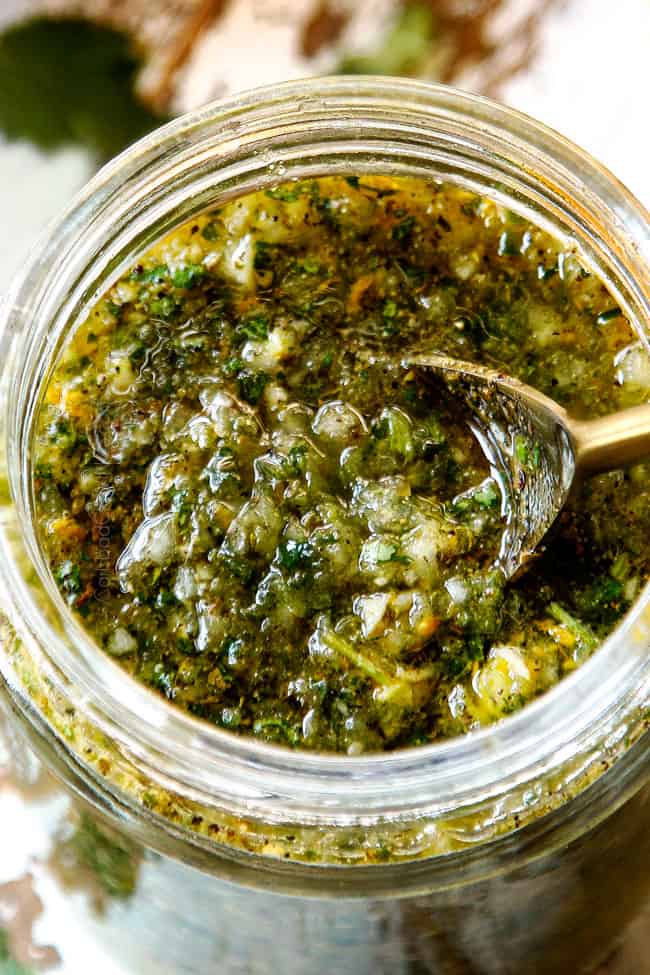 up close of steak marinade in a glass jar