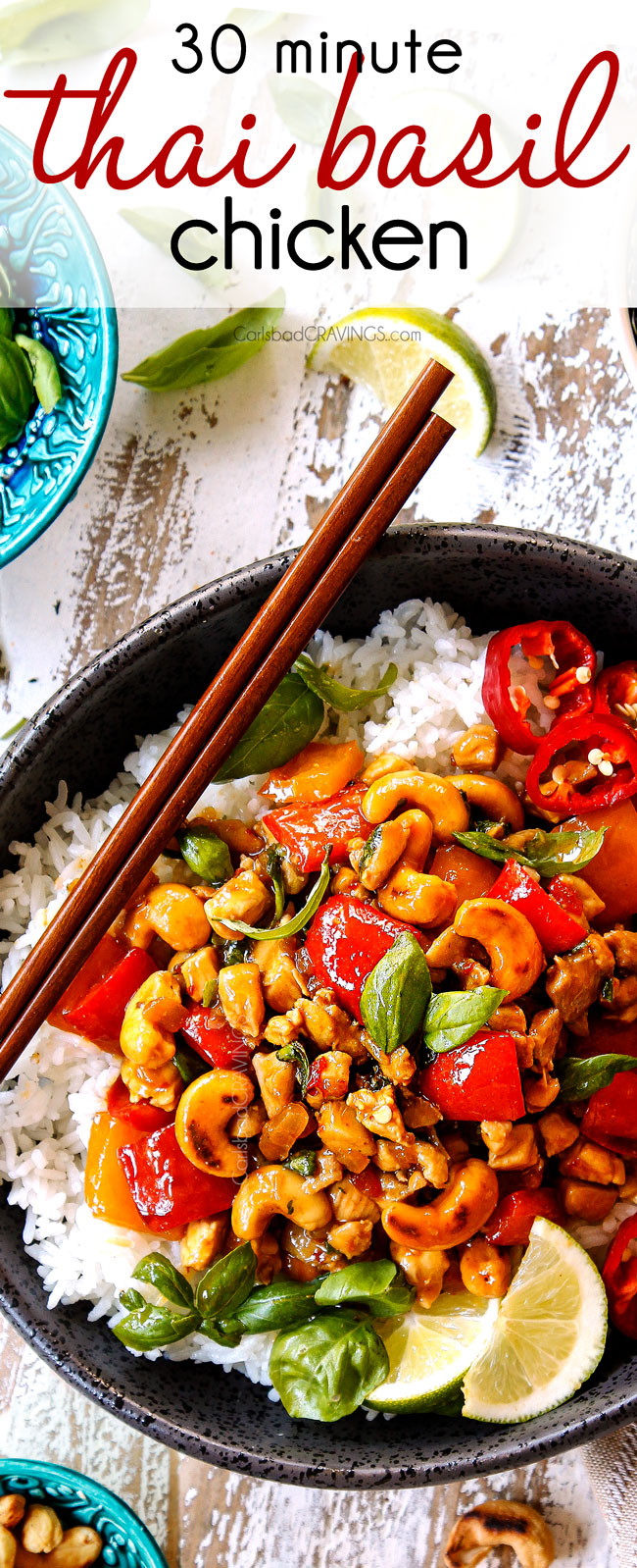 Top view of Thai Basil Chicken in a  bowl garnished with cashews