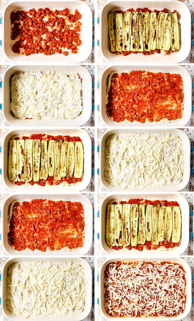 a detailed collage showing how to layer zucchini lasagna: Bolognese, zucchini, ricotta filling, mozzarella cheese and repeating three times