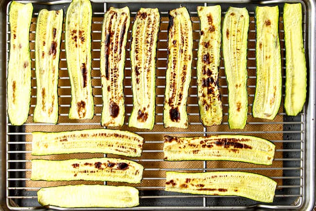 showing how to make zucchini lasagna by broiling zucchini slices so zucchini is less watery