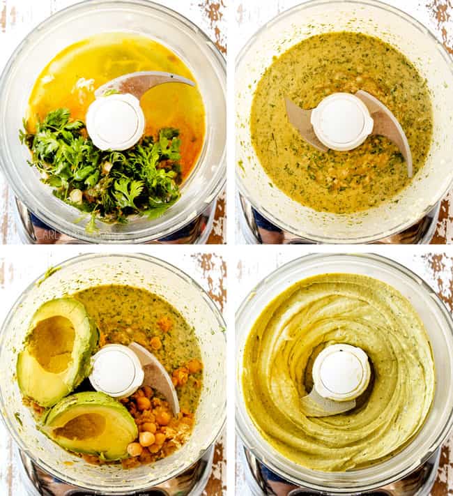 a collage showing how to make avocado hummus by blending tahini with cilantro and adding avocado and chickpeas then blending until smooth in a food processor
