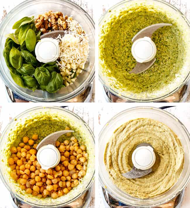a collage showing how to make pesto hummus by blending tahini with basil, parsley, Parmesan, walnuts and chickpeas in a food processor and blending until smooth in a food processor