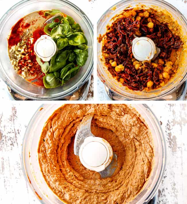 a collage showing how to make sun-dried tomato hummus by adding tahini, olive oil and fresh basil to a food processor followed by chickpeas and sun-dried tomatoes then blending until smooth
