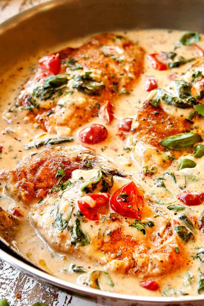 up close of creamy Chicken Florentine in a creamy sauce with spinach