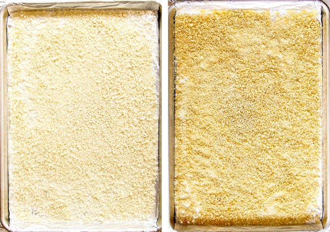 showing how to make baked Parmesan crusted chicken by toasting panko on a baking sheet