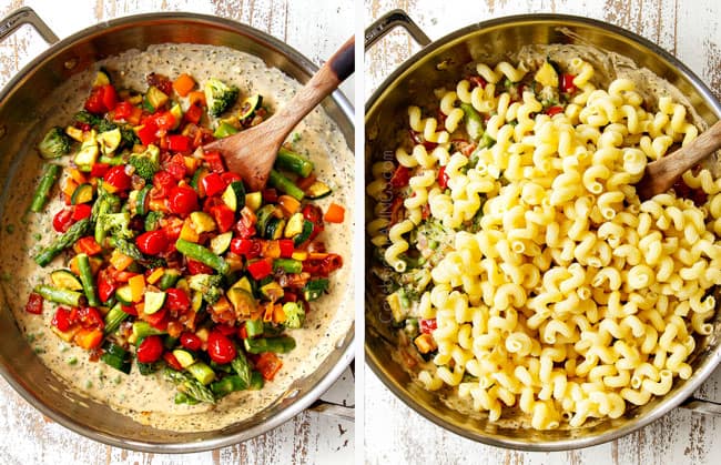 a collage showing how to make pasta primavera recipe by adding sauteed vegetables and pasta back to cream sauce