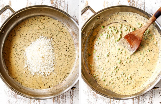 a collage showing how to make pasta primavera recipe by whisking Parmesan into cream sauce followed by peas