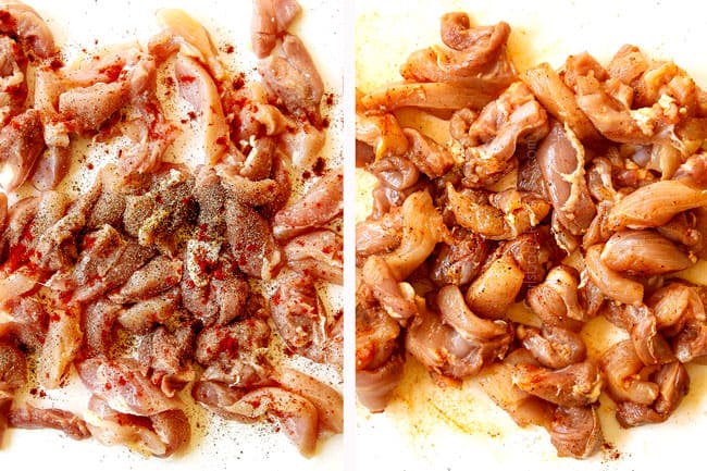 showing how to make yakisoba by seasoning chopped chicken with salt, pepper and paprika