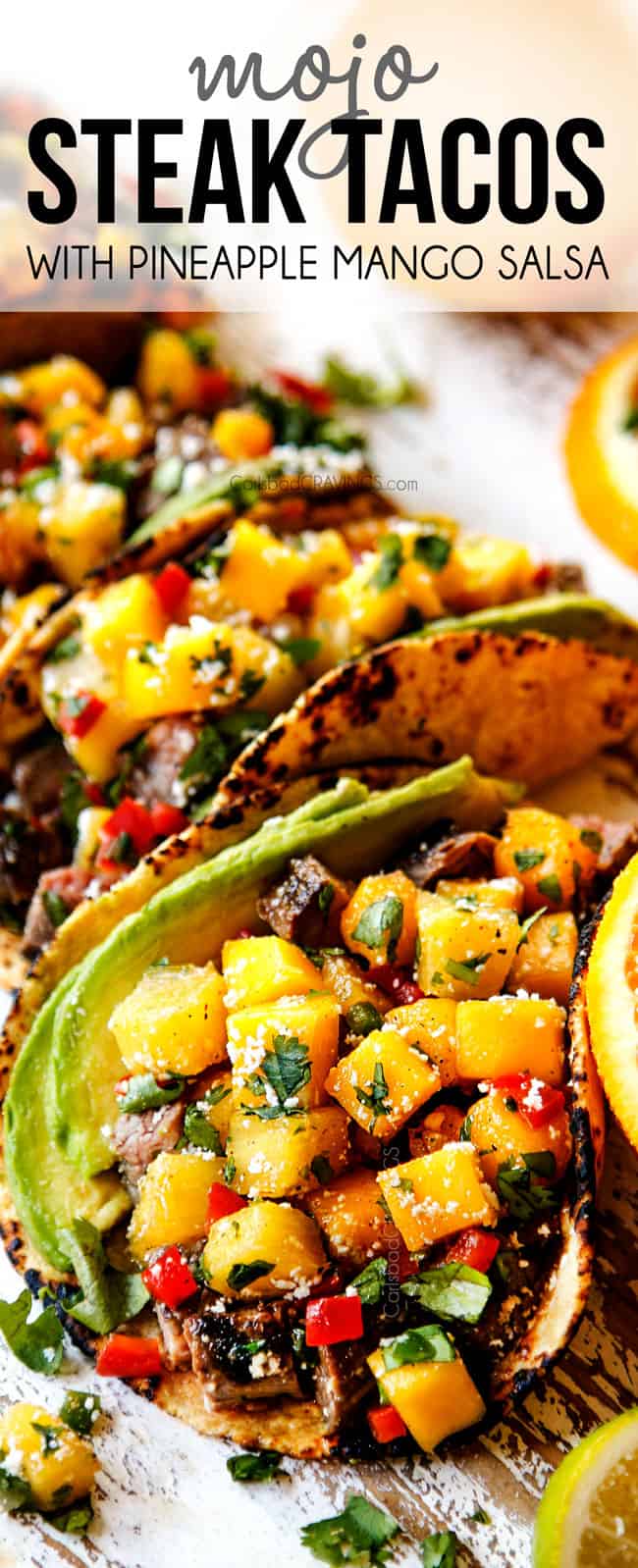 up close of flank steak tacos in a corn tortilla