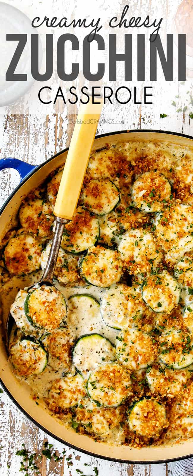 top view zucchini casserole made with heavy cream, cheese, sour cream and panko bread crumbs