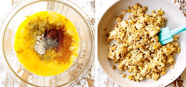 a collage showing how to make breakfast quesadilla recipe by whisking together eggs, milk and seasonings in a glass bowl and hen scrambling just until set