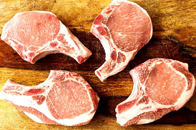 top view of pork rib chops on a cutting board showing which pork chops to use