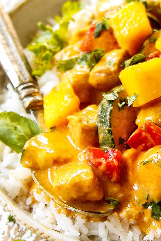 up close of mango chicken recipe with white rice